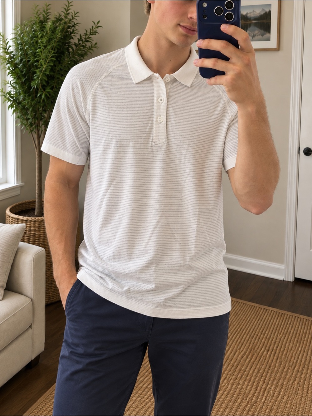 Lululemon Men’s Polo Shirt White Subtle Stripe Raglan Short Sleeve Small